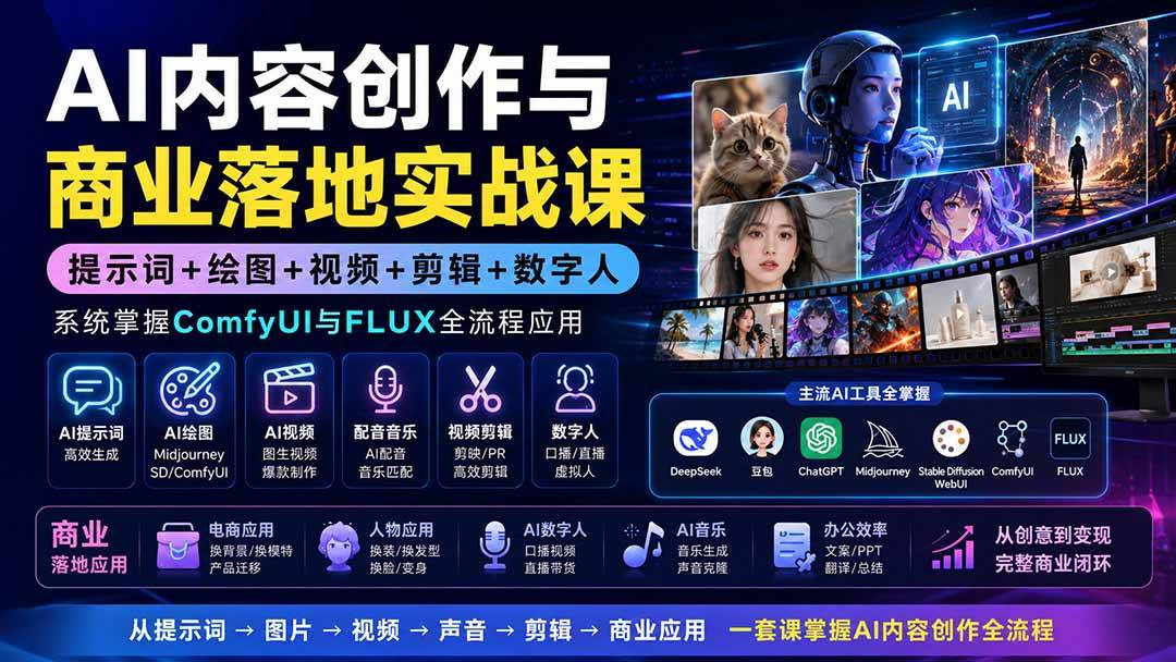 AI内容创作与商业落地实战课：提示词+绘图+视频+剪辑+数字人，系统掌握ComfyUI与FLUX全流程应用