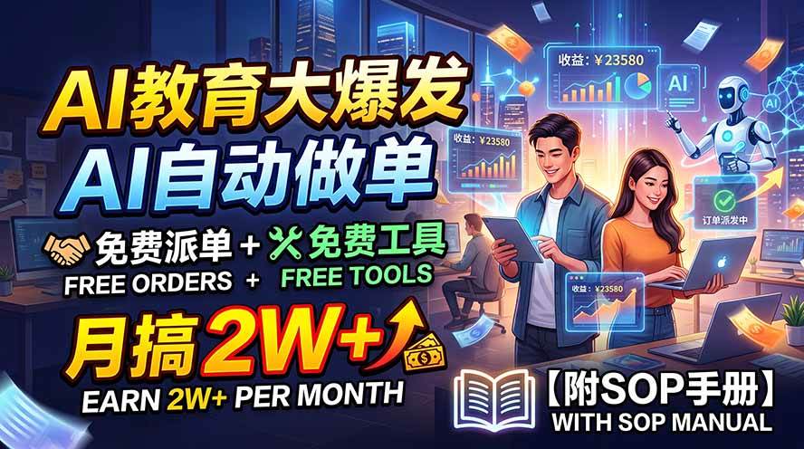 AI教育大爆发，AI自动做单，免费派单+免费工具，月搞2W+【附SOP手册】