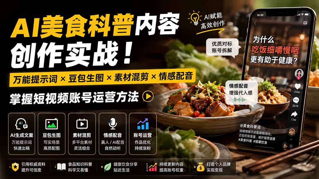 外面卖199元-AI美食科普内容创作实战！万能提示词×豆包生图×素材混剪×情感配音，掌握短视频账号运营方法