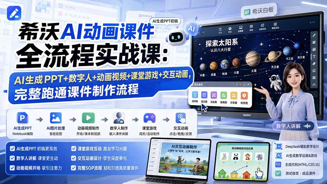 希沃AI动画课件全流程实战课：AI生成PPT+数字人+动画视频+课堂游戏+交互动画，完整跑通课件制作流程