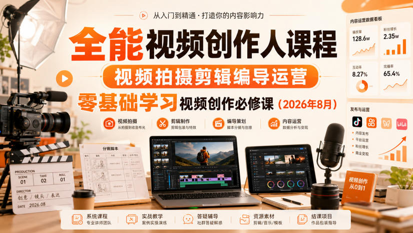 全能视频创作人课程，视频拍摄剪辑编导运营，零基础学习视频创作必修课