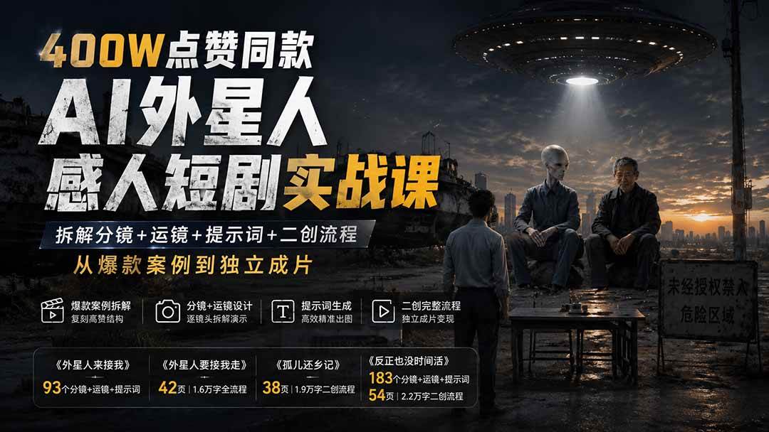 400W点赞同款AI外星人感人短剧实战课：拆解分镜+运镜+提示词+二创流程，从爆款案例到独立成片