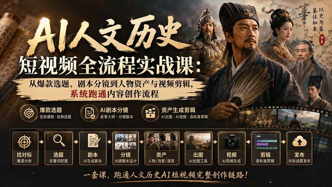 AI人文历史短视频全流程实战课：从爆款选题、剧本分镜到人物资产与视频剪辑，系统跑通内容创作流程