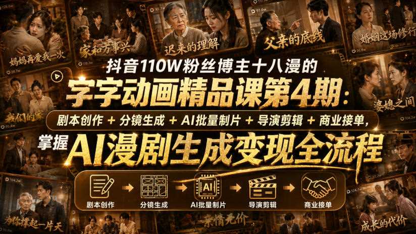 抖音110W粉丝博主十八漫的字字动画精品课第4期:剧本创作+分镜生成+剪辑+商业接单,掌握AI漫剧生成变现全流程