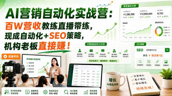 AI营销自动化实战营:百W营收教练直播带练,现成自动化+SEO策略,机构老板直接賺!【原创双语字幕】