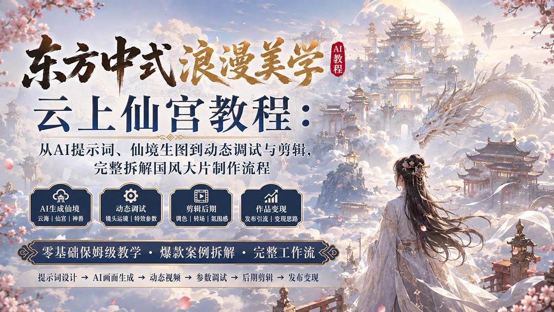 东方中式浪漫美学云上仙宫教程：从AI提示词、仙境生图到动态调试与剪辑，完整拆解国风大片制作流程