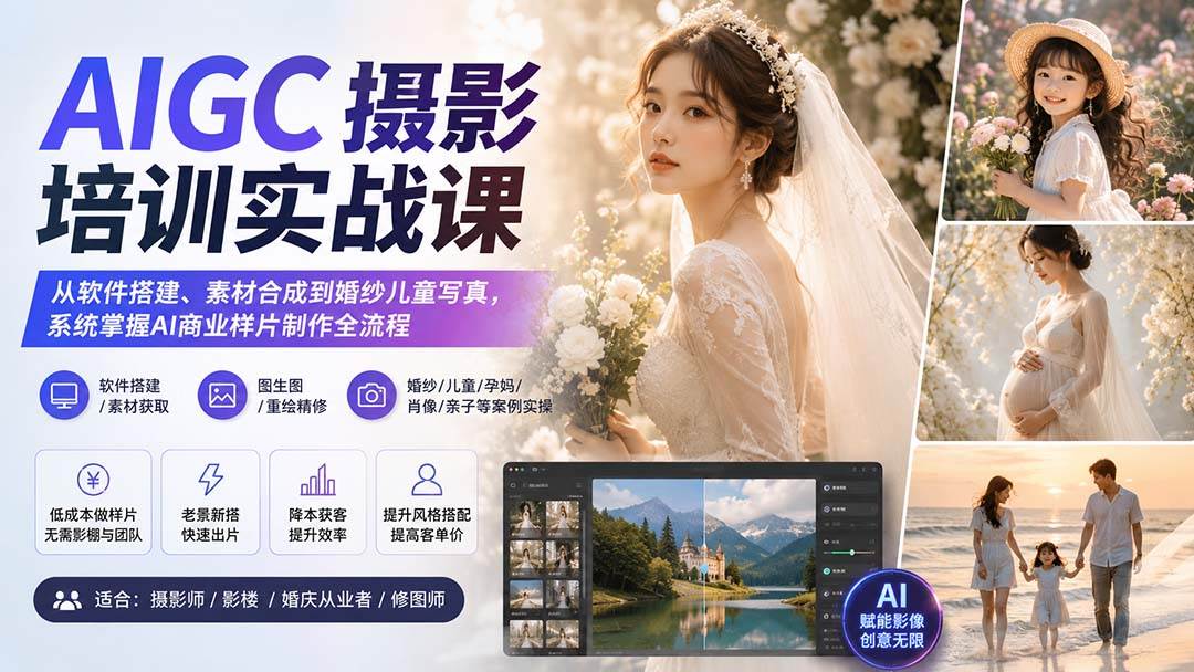AIGC摄影培训实战课：从软件搭建、素材合成到婚纱儿童写真，系统掌握AI商业样片制作全流程