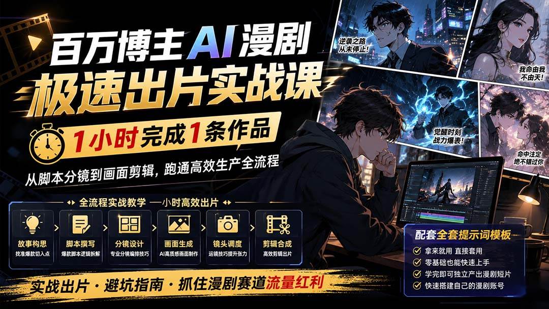 百万博主AI漫剧极速出片实战课：1小时产出条作品，从脚本分镜到画面剪辑，跑通高效生产全流程