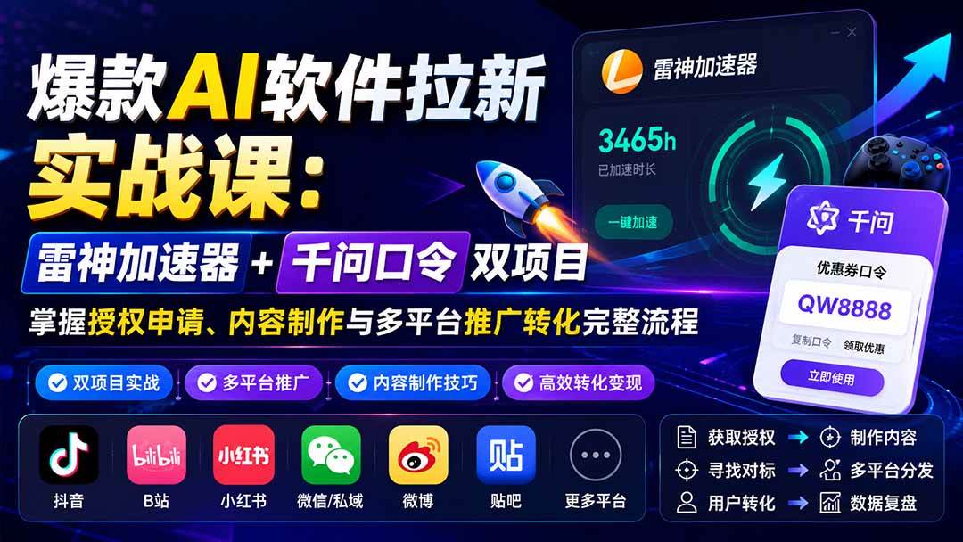 爆款AI软件拉新实战课：雷神加速器+千问口令双项目，掌握授权申请、内容制作与多平台推广转化完整流程