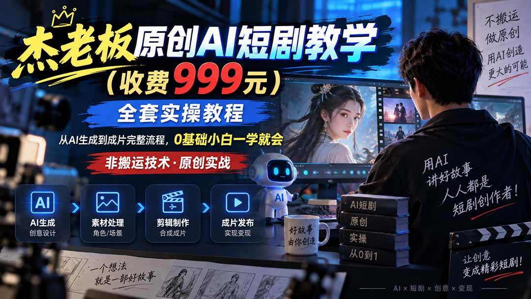 杰老板原创AI短剧教学，全套实操教程，0基础小白一学就会，非搬运技术