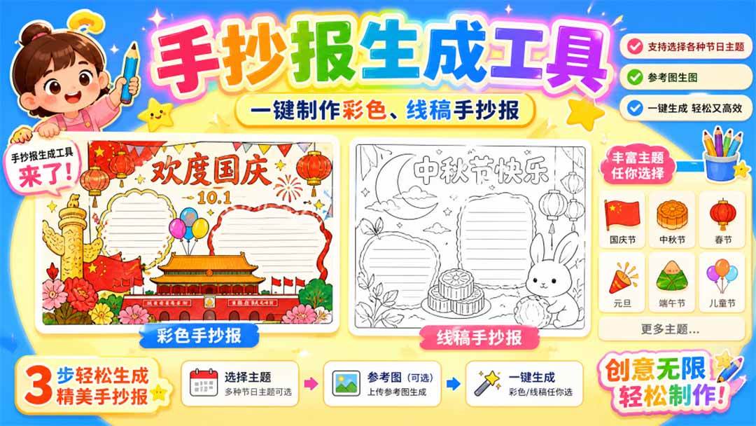 手抄报批量生成工具来了，完全免费，告别豆包生图，这个高清无水印