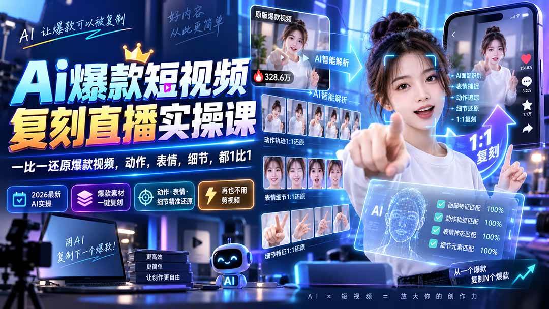 最新Ai爆款短视频复刻直播实操课，一比一还原爆款视频，动作，表情，细节，都1比1