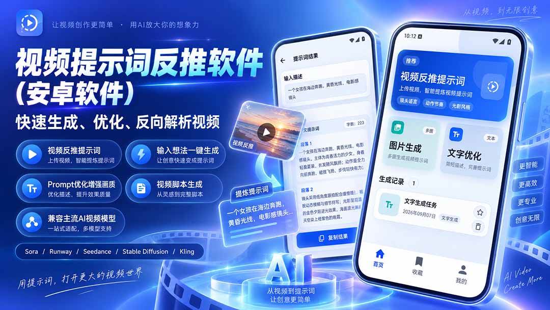 视频提示词反推软件，快速生成、优化、反向解析视频