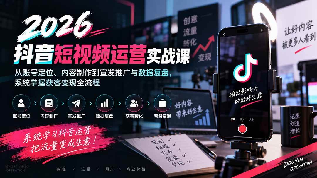 2026抖音短视频运营实战课：从账号定位、内容制作到宣发推广与数据复盘，系统掌握获客变现全流程