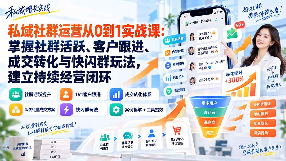 私域社群运营从0到1实战课：掌握社群活跃、客户跟进、成交转化与快闪群玩法，建立持续经营闭环