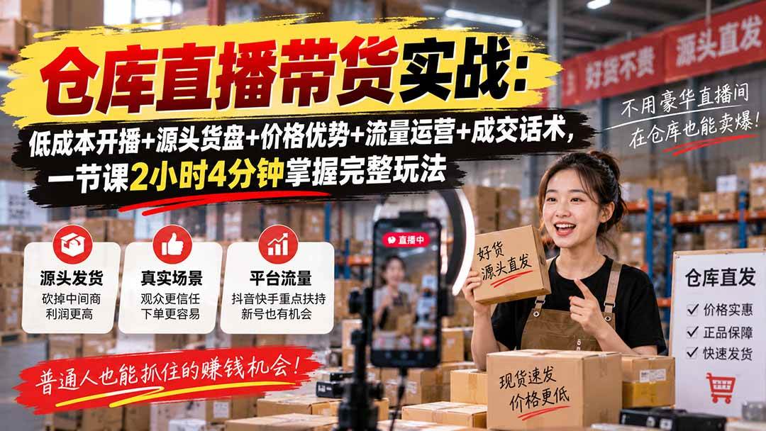 仓库直播带货实战：低成本开播+源头货盘+价格优势+流量运营+成交话术，一节课2小时4分钟掌握完整玩法