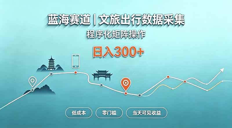 蓝海赛道  文旅出行数据采集  程序化矩阵操作    低成本  零门槛   当天可见收益   日入300+