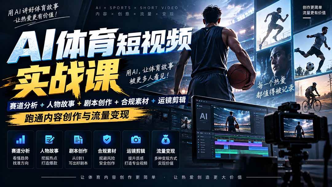 AI体育短视频赛道顶级玩法｜赛道分析+人物故事+剧本创作+版权处理+运镜剪辑，跑通流量变现-日赚1K+