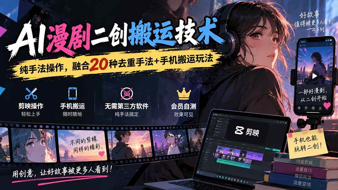 AI漫剧二创搬运技术，纯手法操作，融合20种去重手法++手机搬运玩法