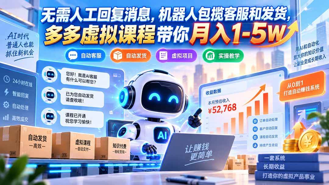 无需人工回复消息，机器人包揽客服和发货，多多虚拟课程带你月入1-5W