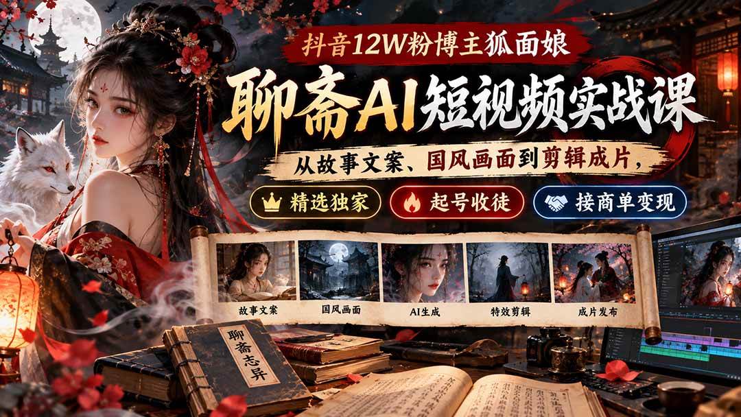 抖音12W粉博主狐面娘-聊斋AI短视频实战课：从故事文案、国风画面到剪辑成片，精选独家+起号收徒+接商单变现