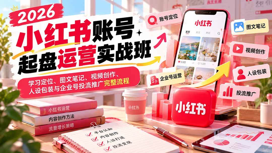 2026小红书账号起盘运营实战班：学习定位、图文笔记、视频创作、人设包装与企业号投流推广完整流程