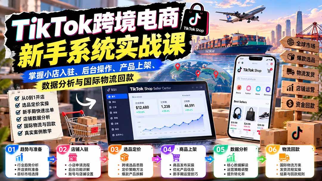 TikTok跨境电商新手系统实战课：掌握小店入驻、后台操作、产品上架、数据分析与国际物流回款
