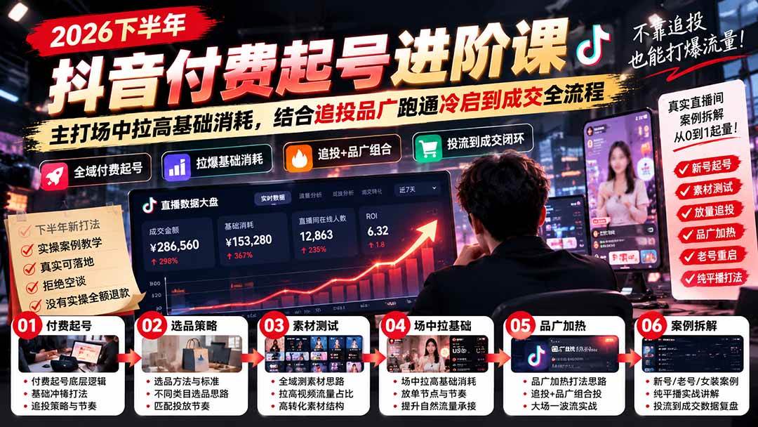 2026下半年抖音付费起号进阶课：主打场中拉高基础消耗，结合追投品广跑通冷启到成交全流程