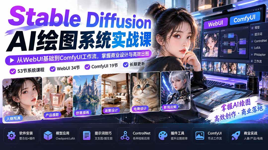 Stable Diffusion AI绘图系统实战课：从WebUI基础到ComfyUI工作流，掌握商业设计与高效出图