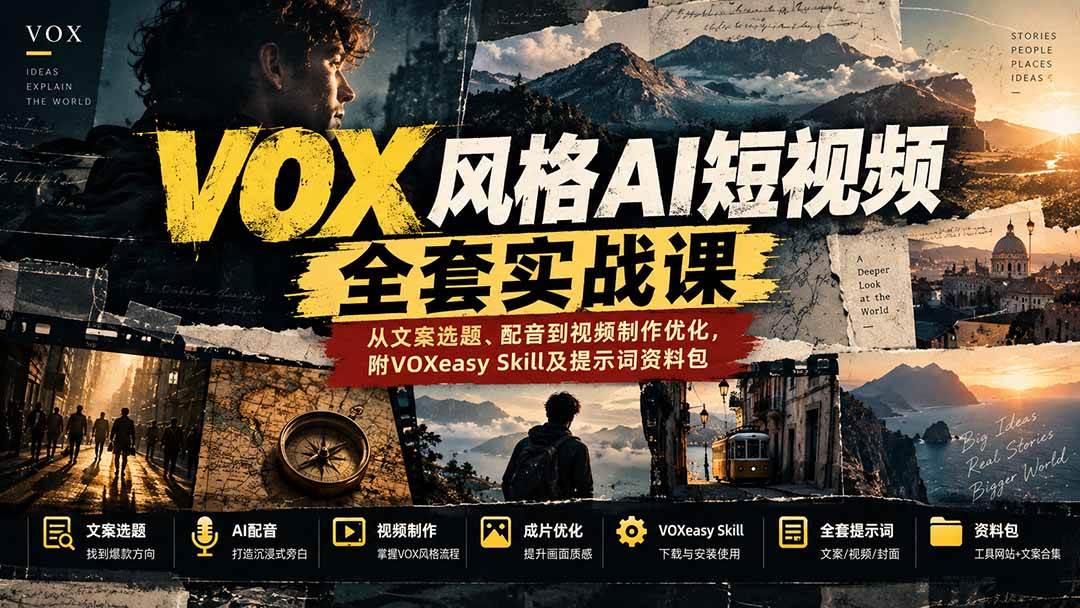 【无水印】VOX风格AI短视频全套实战课：从文案选题、配音到视频制作优化，附VOXeasy Skill及提示词资料包