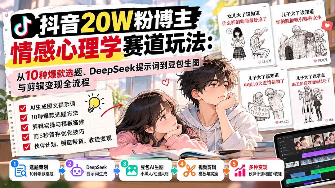 抖音20W粉博主-情感心理学赛道玩法：从10种爆款选题、DeepSeek提示词到豆包生图与剪辑变现全流程