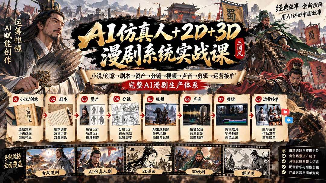 AI仿真人+2D+3D漫剧系统实战课：小说/创意→剧本→资产→分镜→视频→声音→剪辑→运营接单，完整AI漫剧生产体系