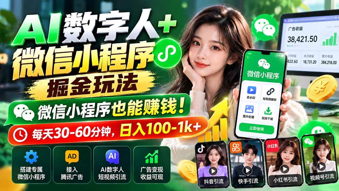 AI数字人+微信小程序掘金玩法：微信小程序也能赚钱！每天30-60分钟，日入100-1k+