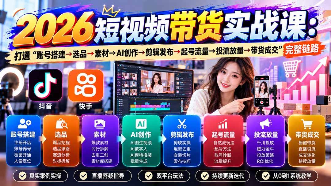 2026短视频带货实战课9月：打通“账号搭建→选品→素材→AI创作→剪辑发布→起号流量→投流放量→带货成交”完整链路