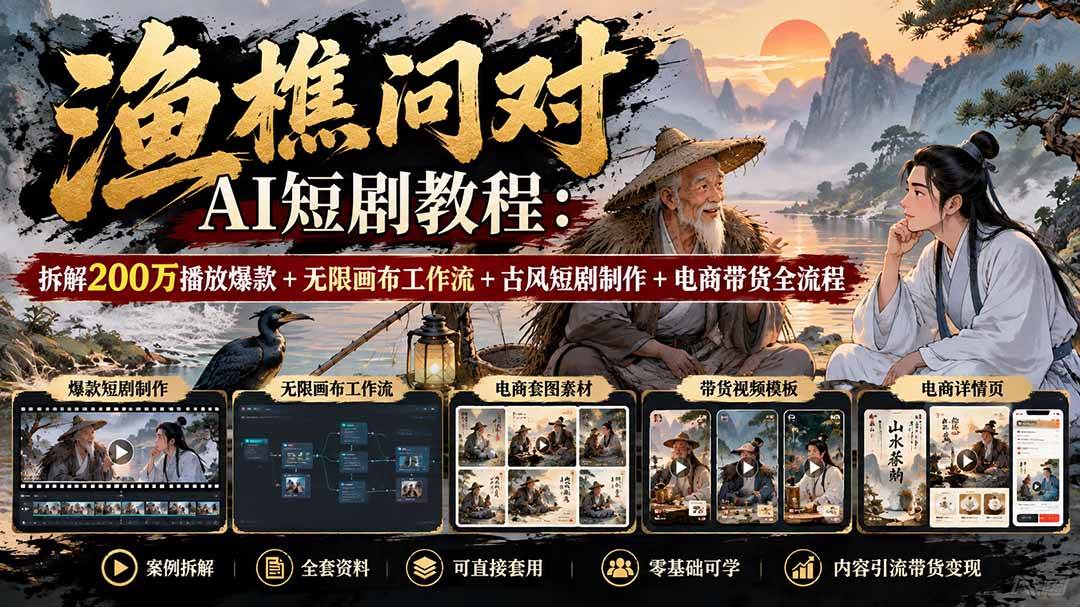 【无水印】渔樵问对AI短剧教程：拆解200万播放爆款+无限画布工作流+古风短剧制作+电商带货全流程