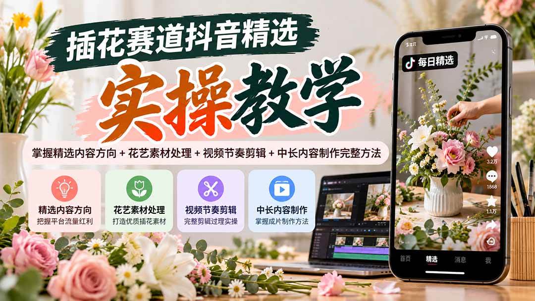 插花赛道抖音精选实操教学：掌握精选内容方向+花艺素材处理+视频节奏剪辑+中长内容制作完整方法