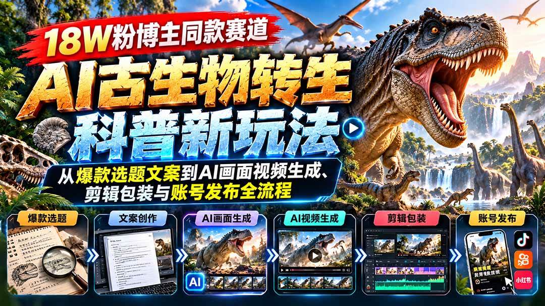 18W粉博主同款赛道-AI古生物转生科普新玩法：从爆款选题文案到AI画面视频生成、剪辑包装与账号发布全流程