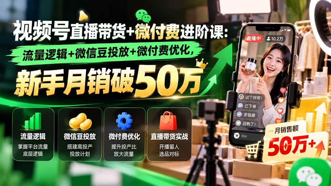 视频号直播带货+微付费进阶课-更新1010：流量逻辑+微信豆投放+微付费优化，新手月销破50万