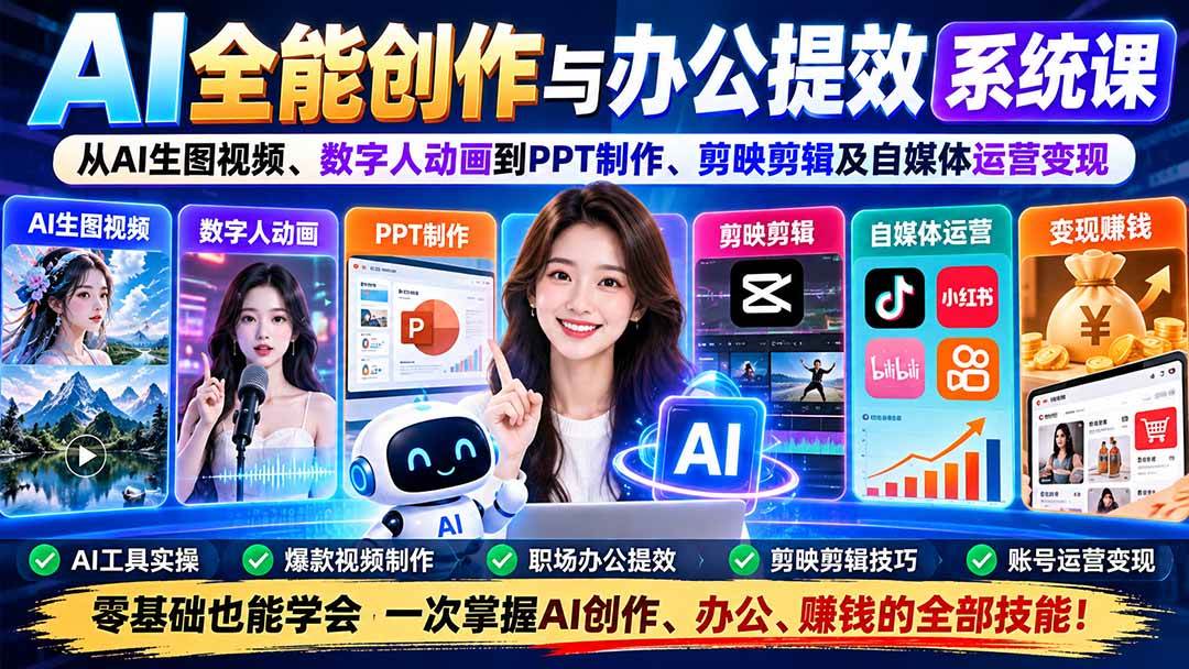 AI全能创作与办公提效系统课：从AI生图视频、数字人动画到PPT制作、剪映剪辑及自媒体运营变现