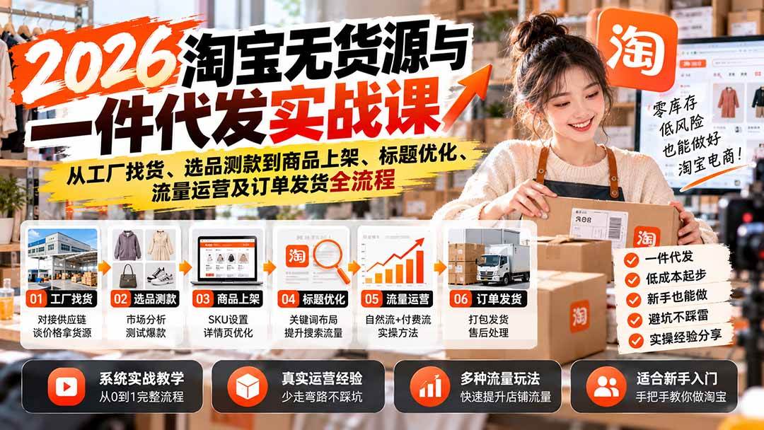 2026淘宝无货源与一件代发实战课：从工厂找货、选品测款到商品上架、标题优化、流量运营及订单发货全流程