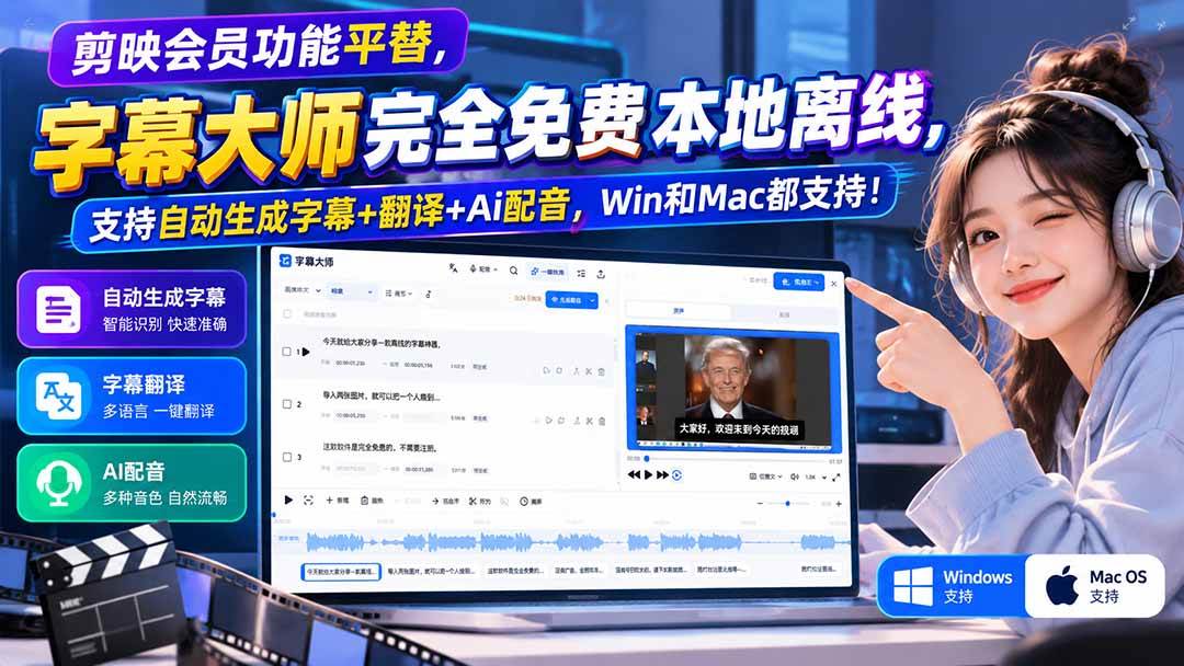 剪映会员功能平替，字幕大师完全免费本地离线，支持自动生成字幕+翻译+Ai配音，Win和Mac都支持！