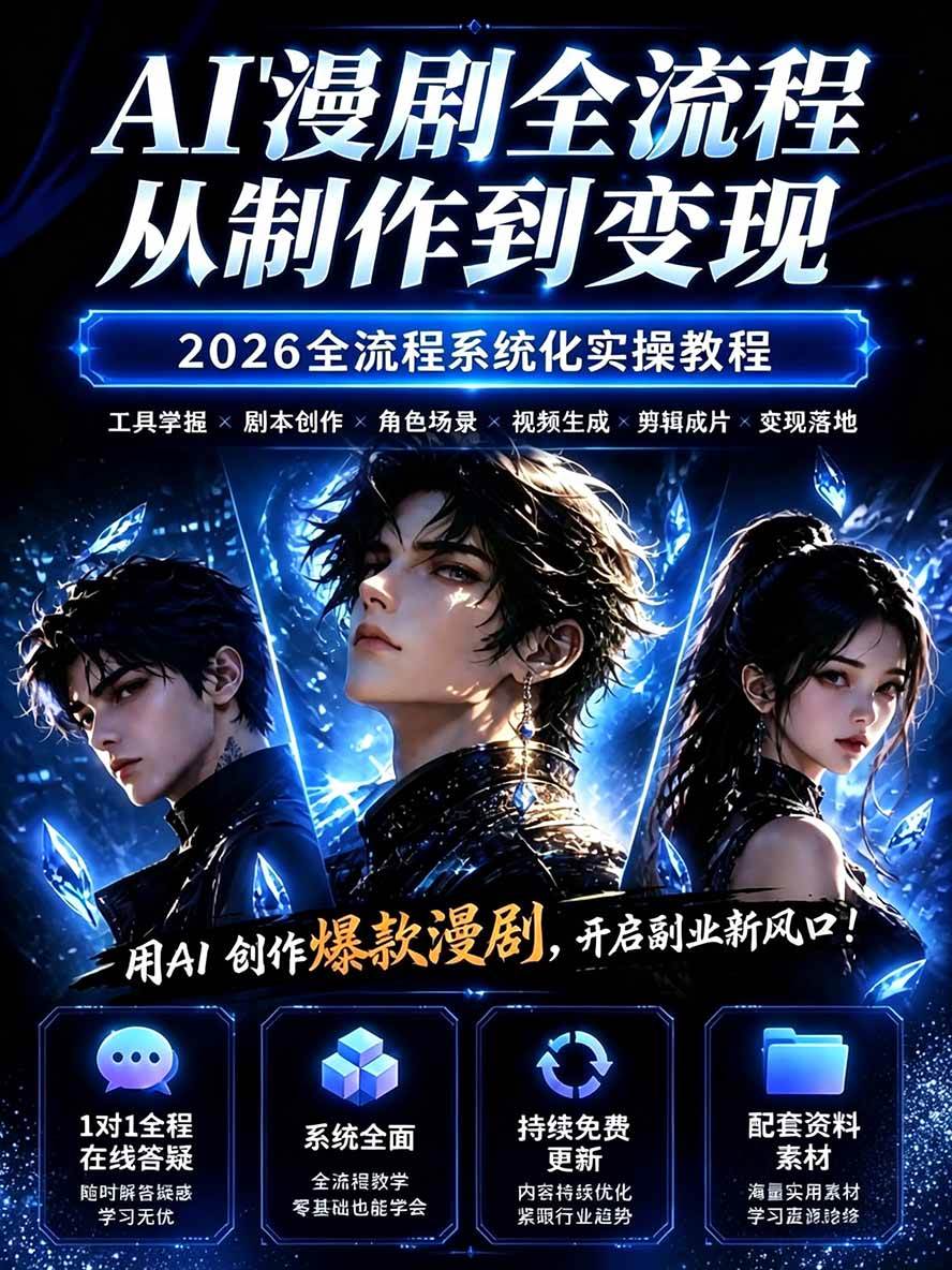 【无水印】2026AI漫剧创作与商业变现掘金营：打通选题→AI编剧→角色场景→自动分镜→视频生成→剪辑发布→运营变现
