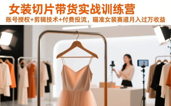 女装切片带货实战训练营，账号授权+剪辑技术+付费投流，瞄准女装赛道月入过万收益