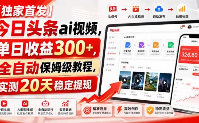 【独家首发】今日头条ai视频，单日收益300+，全自动保姆级教程，实测20天稳定提现【揭秘】
