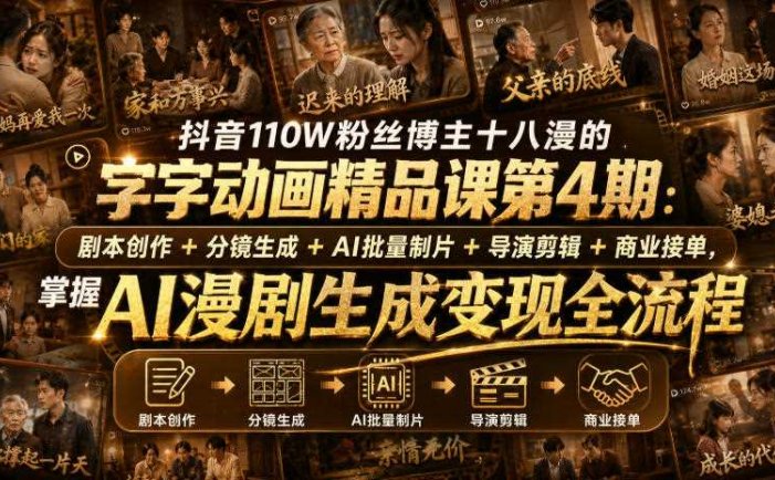 抖音110W粉丝博主十八漫的字字动画精品课第4期：剧本创作+分镜生成+剪辑+商业接单，掌握AI漫剧生成变现全流程