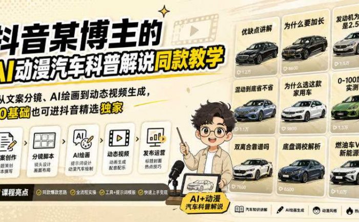 抖音某博主的AI动漫汽车科普解说同款教学，从文案分镜、AI绘画到动态视频生成，0基础解锁抖音精选独家收益