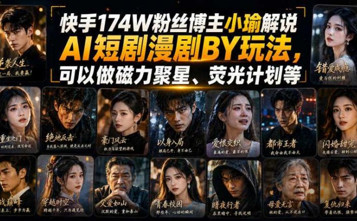 快手174W粉丝博主小瑜解说AI短剧漫剧搬运玩法，可以做磁力聚星、荧光计划等