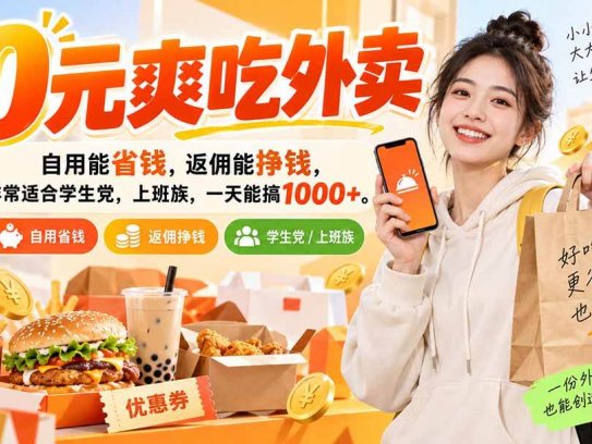 0元爽吃外卖，自用能省钱，返佣能挣钱，非常适合学生党，上班族，一天能搞1000+