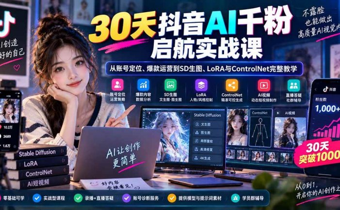 30天抖音AI千粉启航实战课：从账号定位、爆款运营到SD生图、LoRA与ControlNet完整教学