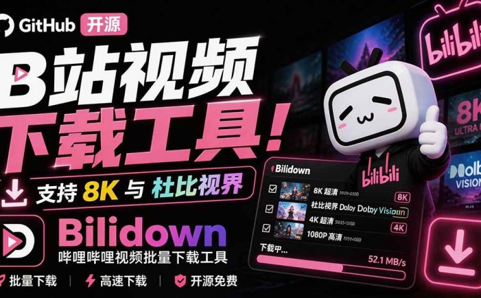Github开源B站视频下载工具！支持 8K 与杜比视界的哔哩哔哩视频批量下载工具， 简单易用 Bilidown